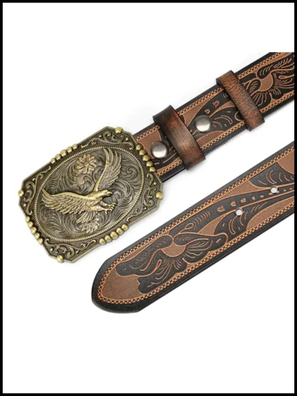Men's Western Leather Belt with Floral Engraved Buckle, Removable, Adjustable